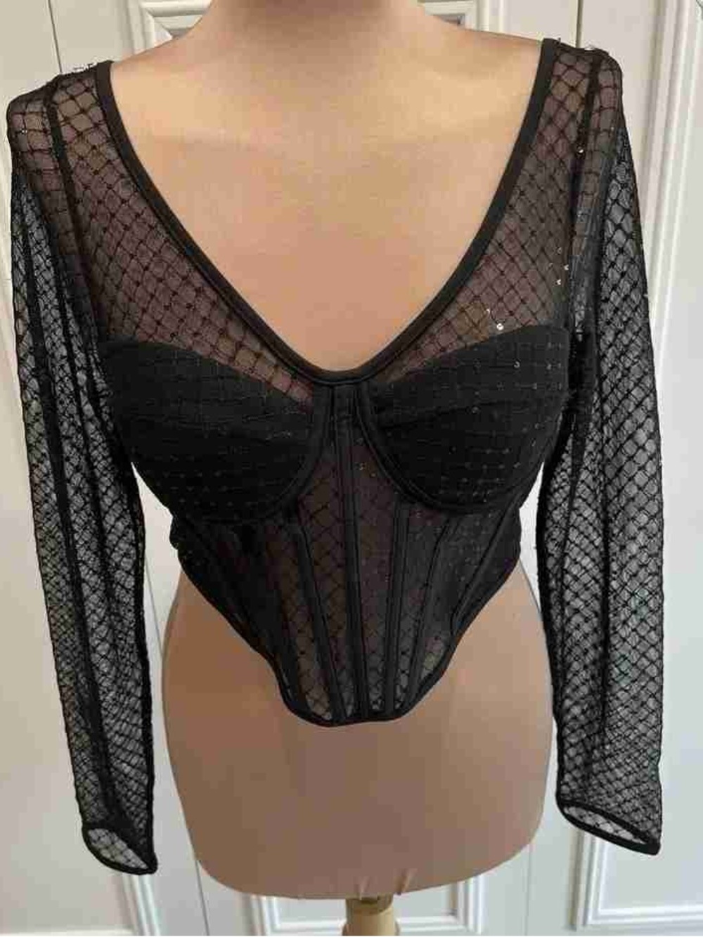 Black Sheer Long-Sleeve Corset Top